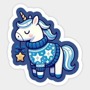 Festive Christmas Unicorn with a Snowflake Sweater and Star Ornament Sticker